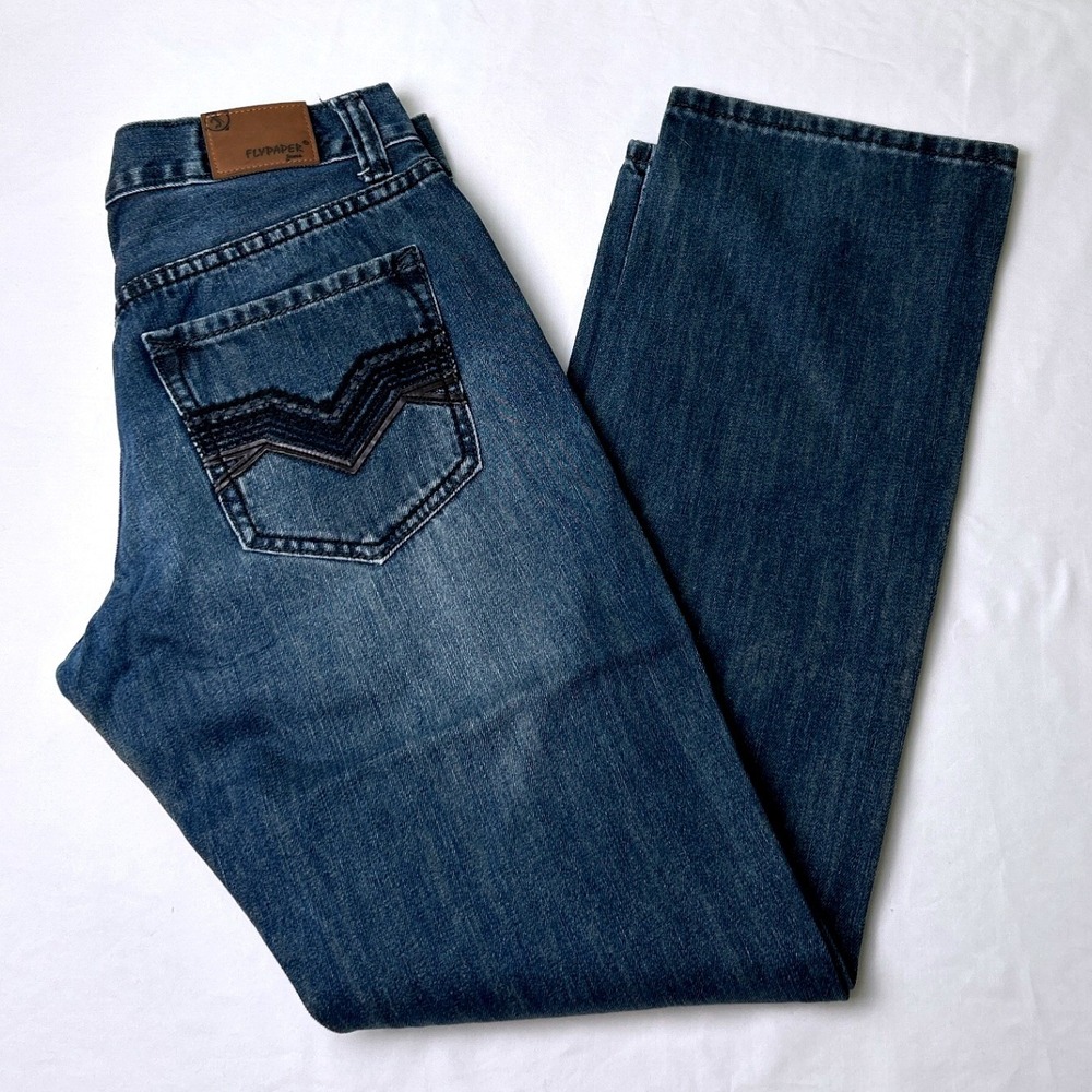 Flypaper Mens Straight Leg Embroidered Back Pocket Jeans Size 30x32 Blue Cotton